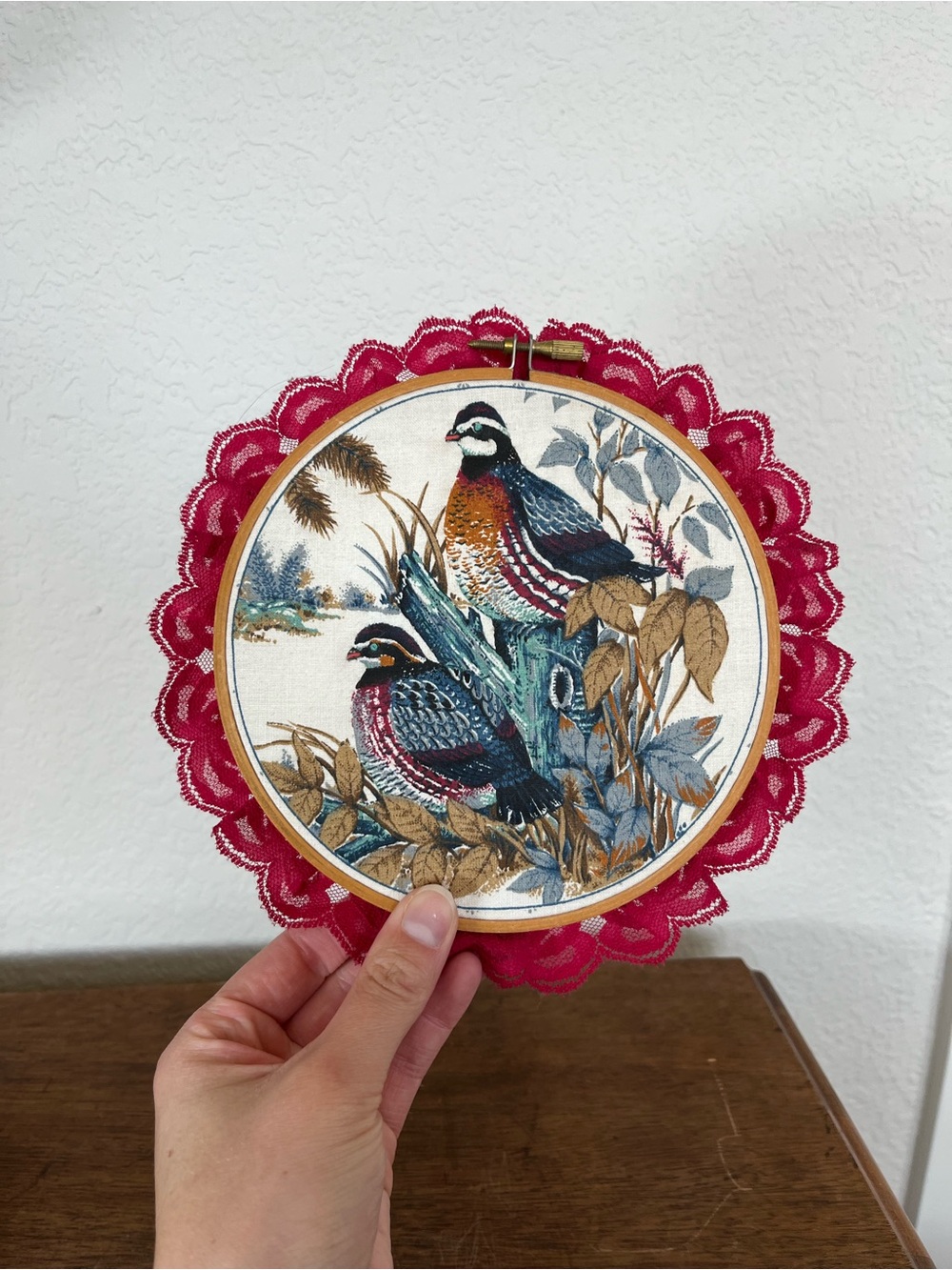 Vintage embroidery framed pheasants with lace and bead detail